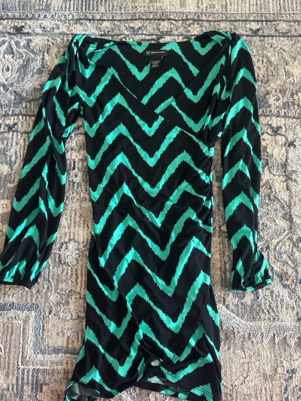 INC International Concepts Black & Teal Chevron Wrap Dress